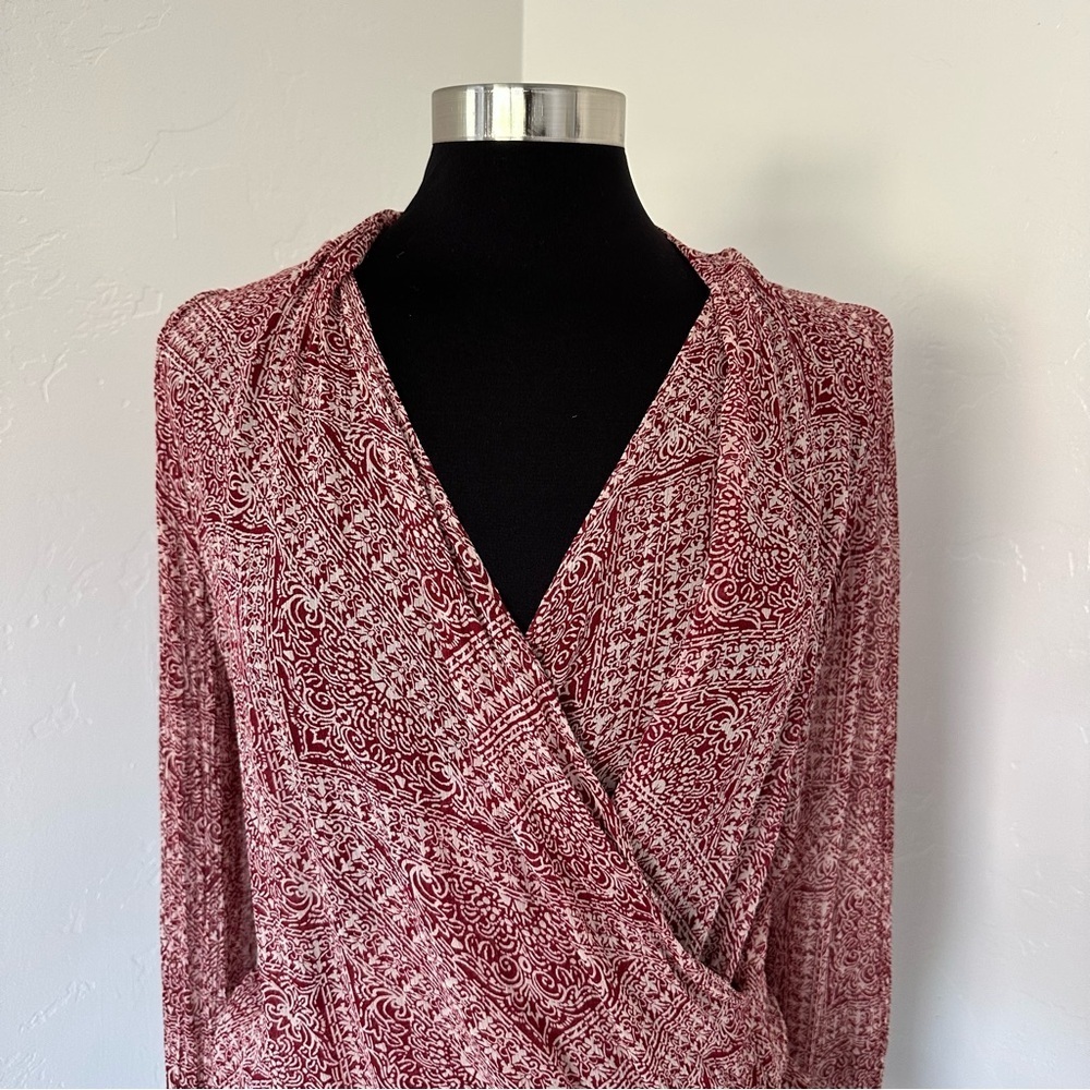 SEZANE Abélia Wrap Around Mosaic Ecru Print Burgundy Blouse Size 4 - Picture 5 of 17